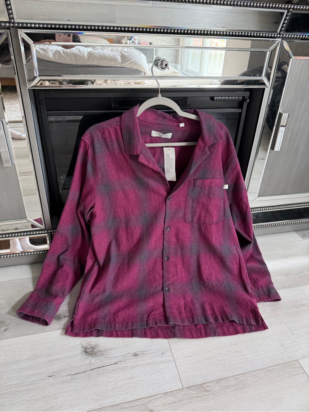Men's Casual Button-Down Flannel Plaid in Magenta and Charcoal